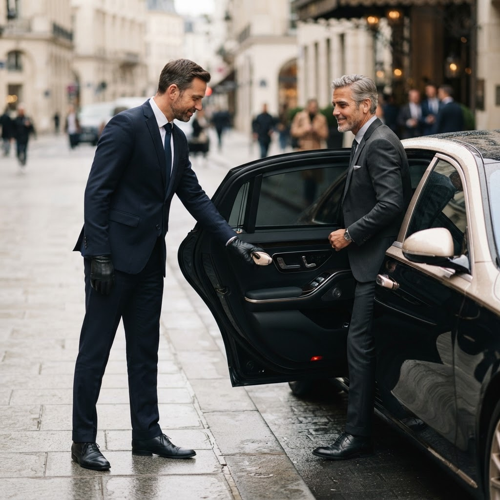 A chauffeur in gloves opening the rear door of a black luxury sedan for a client