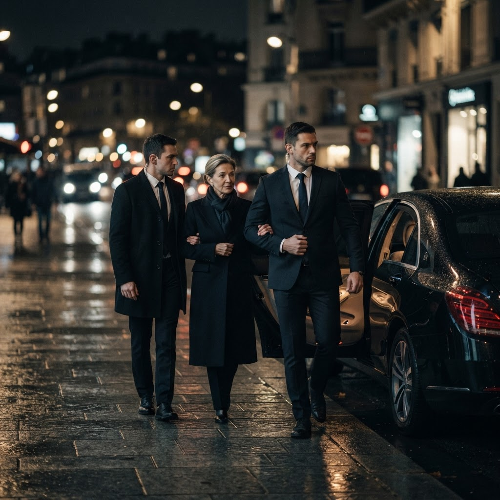 Two discreet close protection officers escorting a client to a black armored executive vehicle at night